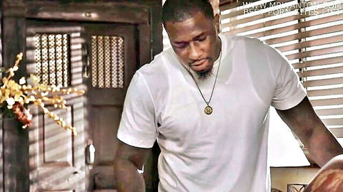 Muscular black stud in white tee with gold chain stands ready for BBC interracial action