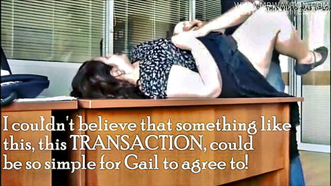BBW spreads legs wide on office desk exposing hairy pussy for man's hard cock
