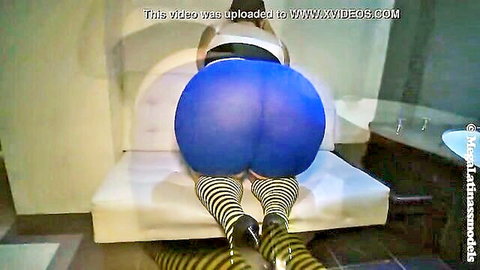 Mirian Beltran big Latina ass in tight blue pants and striped stockings