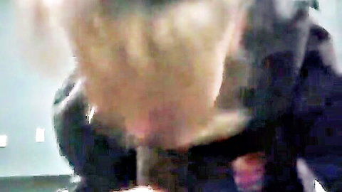 Blonde glasses girl with fair skin deepthroats thick white cock, saliva dripping in amateur gym blowjob