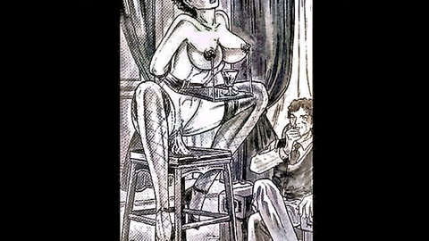 Dominant tattooed woman with huge bare tits spreads legs exposing shaved pussy for kneeling man's face in BDSM scene