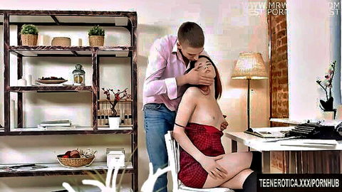 Man roughly chokes topless skinny redhead teen's neck in office with small tits exposed