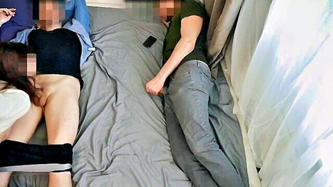 Amateur woman legs spread wide exposing shaved pussy for man's erect cock penetration on bed