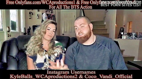 Blonde MILF Coco Vandandi chats with bearded producer on couch in steamy BTS promo