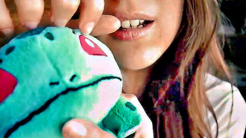 Brunette teases lips with Bulbasaur plush in ASMR JOI video