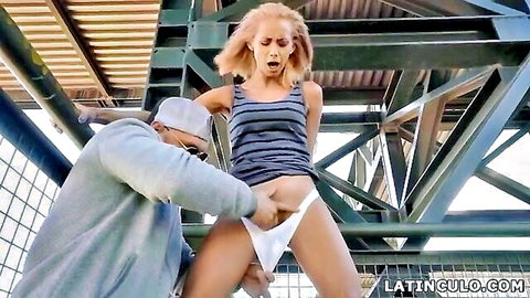 Veronica Leal blonde Latina exposed outdoors by black stud, panties down