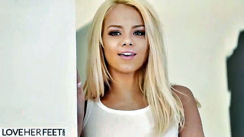 Chanel Preston blonde MILF smiling in tight white tank top for LoveHerFeet
