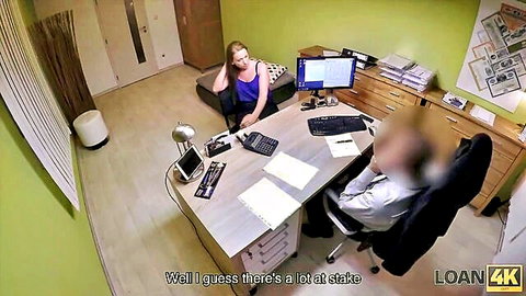 Brunette teen in purple top lounges on casting couch negotiating loan with producer in office