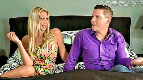 Beautiful blonde Welsh MILF in floral dress confessing with man on bed