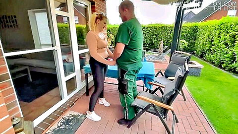 Blonde in tight leggings gropes handyman's crotch outdoors on patio
