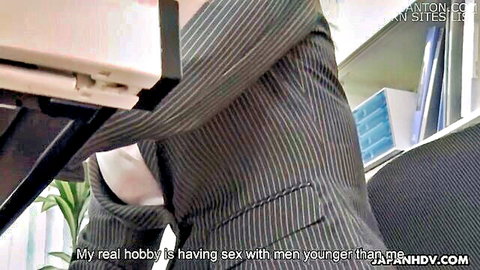 Skinny Japanese office lady fingers pussy in open pinstripe suit and stockings