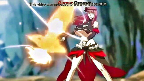Animated milf with massive tits in fantasy outfit casting fire magic, lesbian big O scene