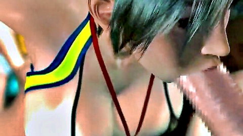 Green-haired anime girl eagerly sucking thick cock with lips stretched wide.