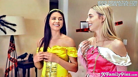 Kylie Rocket and Lily Larimar in sexy princess costumes smiling together