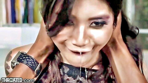 Brenna Sparks asian beauty with cum dripping from mouth after intense throatfuck