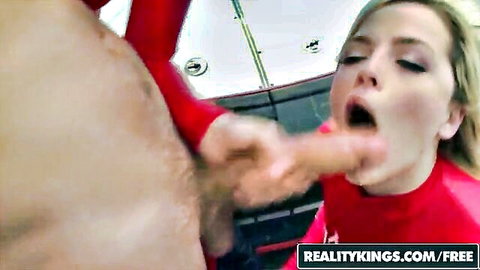 Alexis Texas giving blowjob in red latex outfit, Monster Curves