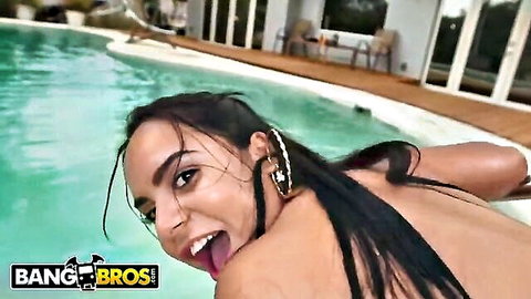 Sofia Char topless Latin babe by pool, wet hair, tongue out smile
