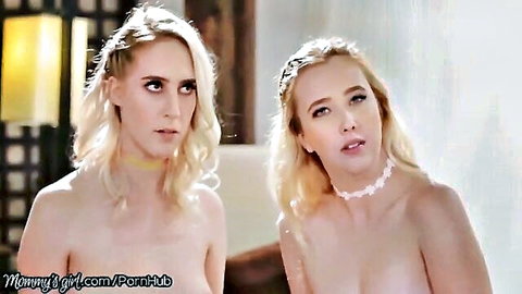 Two topless blondes in chokers, stepmom and daughter squirting threesome