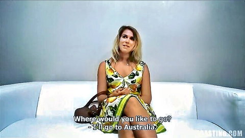 Blonde Anna in colorful floral dress on casting couch interview