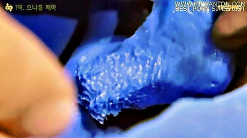 Korean girl close-up in blue slime fetish play, explicit HD porn