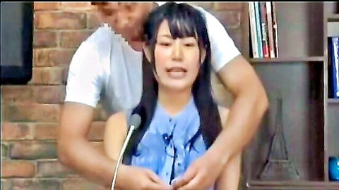 Japanese news beauty in TV bukkake setup, microphone interview