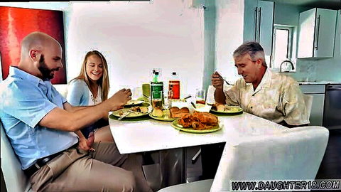 Blonde Alyssa at dinner with older men, teasing family threesome vibe