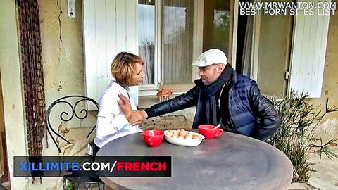 Busty mature French woman in outdoor threesome setup with colleague