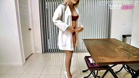 Cory Chase blonde MILF in open white lab coat and red bra seductive pose