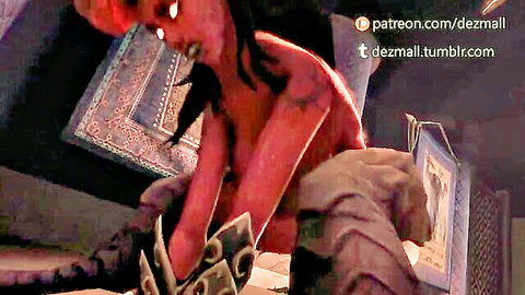 Red-skinned demoness in seductive sacrifice pose, large breasts exposed