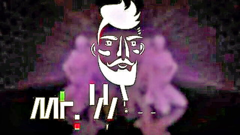 Glitchy stylized portrait of bearded man with spiky white hair and purple glow effects