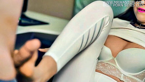 Petite brunette gamer girl in tight white leggings gets crotch rubbed through pants and foot worshipped