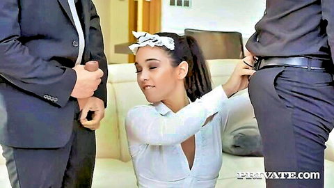 Ginebra Bellucci as maid in threesome with two suited men