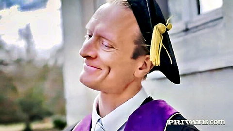 Smiling man in purple graduation gown and cap, from Francesca Dicaprio college anal scene