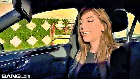 Jessie Wylde smiles teasingly in car for public BJ