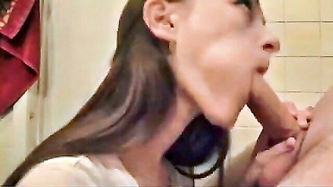 Amateur brunette giving intense deepthroat blowjob