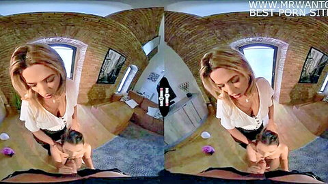 Blonde MILF with big tits grabs man's head forcing him to lick her pussy in VR bedroom