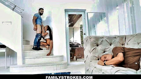 Claire Black gives sneaky blowjob on stairs while uncle sleeps