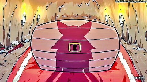 Animated treasure chest with cat silhouette in fantasy cave scene