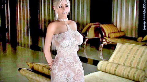 Blonde Tara in revealing white lace dress, seductive pose in 3D animation