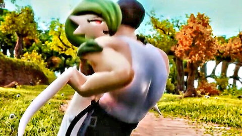 Gardevoir embraces muscular man from behind in autumn forest