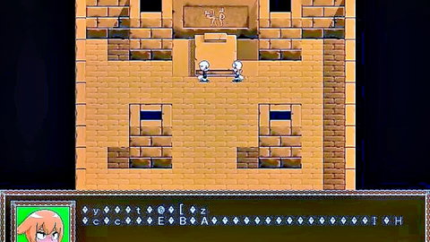 Pixel art hentai game scene in ancient temple room with blue and white characters at table and cute anime girl UI portrait
