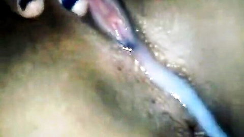 Close-up of wife's creampie dripping from shaved pussy after party