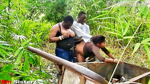 Amateur black threesome fucking big BBC in farm, outdoor doggy penetration