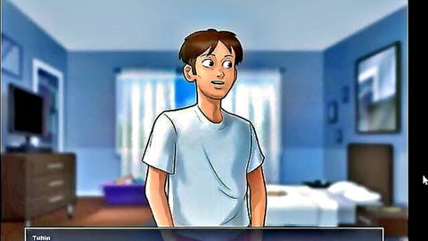 Young man with brown hair in white t-shirt, bedroom tease