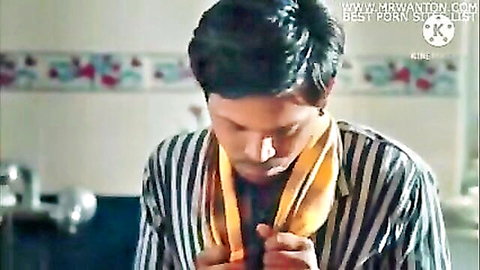 Indian man in striped shirt and yellow towel, close-up from Sexy Woman in Red Saree Part 2