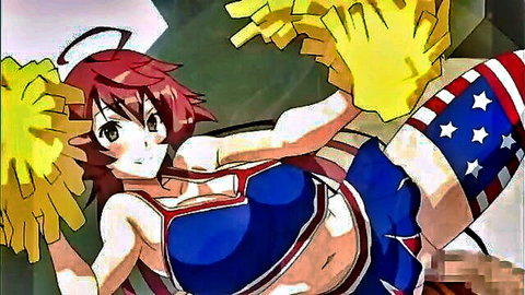Busty anime cheerleader in American flag outfit with pom-poms