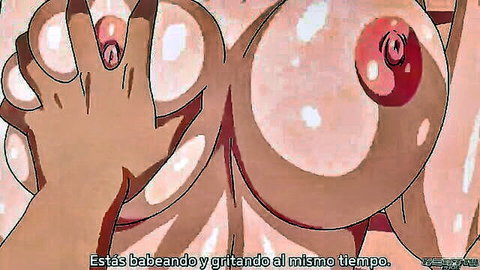 Cartoon hands squeezing massive bare tits with erect pink nipples