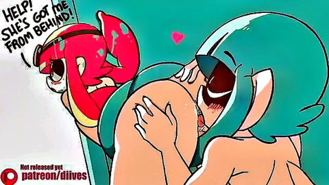 Red fanged creature gropes teal anime girl's massive bare ass and pussy from behind as she moans in ecstasy