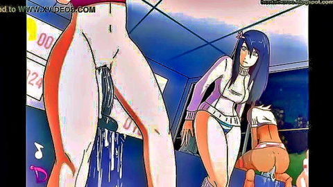 Purple-haired anime girl fucks shaved pussy with huge black dildo, juices dripping down thighs