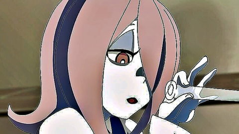 Anime girl Sucy from LWA with pink hair, red eyes, seductive pose
